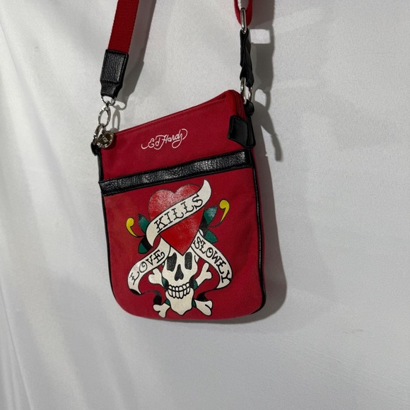 Ed Hardy Red Crossbody Bag with Skull Design - Picture 3 of 12